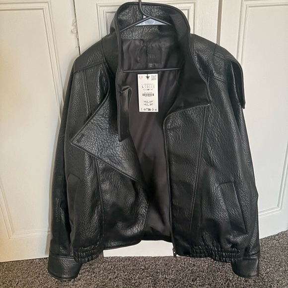 Zara Black Oversized Leather Moto Jacket - Picture 2 of 2